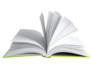 Fototapeta premium An opened book, pages fanning out, lime green spine, isolated against a black background