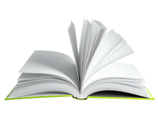 An opened book, pages fanning out, lime green spine, isolated against a black background