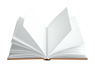 An open book, revealing blank white pages, set against a transparent background