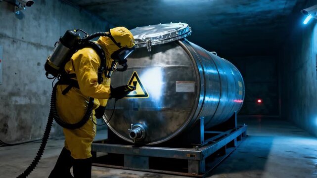 Operator in protective gear performing routine checks on a sealed nuclear waste container stored in a highsecurity underground vault.