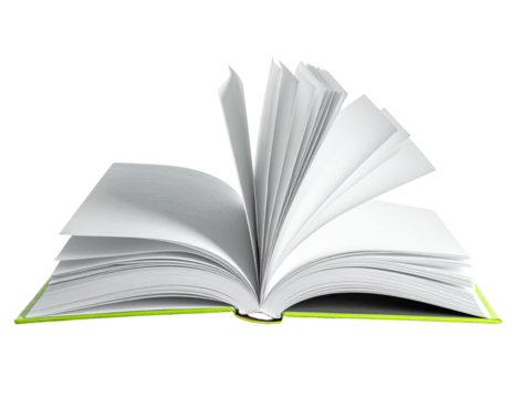 An opened book, pages fanning out, lime green spine, isolated against a black background