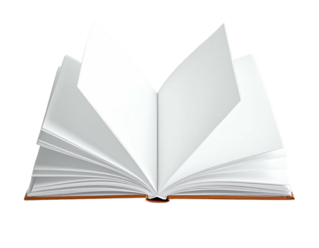 An open book, revealing blank white pages, set against a transparent background