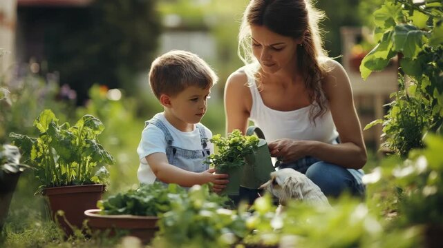 A heartwarming scene of a mother and son tending to a vegetable garden together. The child is learning the joy of nurturing and sustainability from an early age.