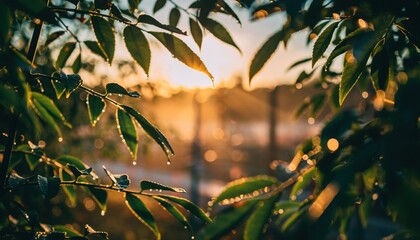 Green leaves with water droplets and sunset bokeh