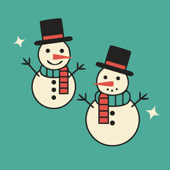 Two cute snowmen in retro flat vector style with red scarves and black hats on teal background, cheerful Christmas illustration design.