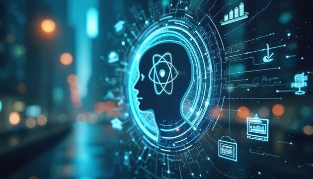 Abstract digital head profile with glowing circuits, atom symbol inside brain. Network connections and data charts overlay blurry night city lights backdrop. Future tech concept. - Powered by Adobe