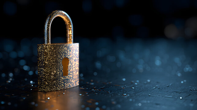 Digital padlock for computing system on dark blue background, cyber security technology for fraud prevention and privacy data network protection concept
