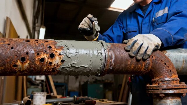 Technician carefully patching a corroded pipe section using a specialized cementitious compound