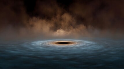 A dark gravitational void with a luminous swirling accretion disk surrounded by ethereal fog and mist