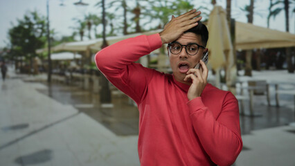 Fototapeta premium Man in red shirt on phone looking concerned on outdoor terrace in city.