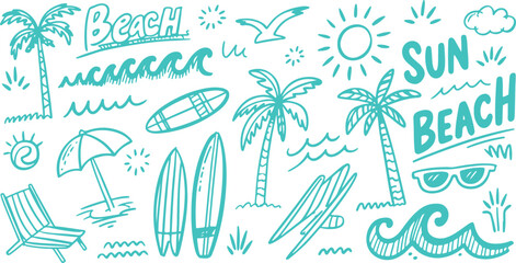 Hand-Drawn Beach and Surf Doodle Vector Set with Tropical Elements Like Palm Trees, Waves, Surfboards, and Sun – Perfect for Summer Designs, T-Shirts, Posters, and Coastal Branding.