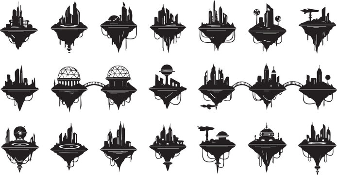 Futuristic Floating Cityscapes and Architecture Silhouettes