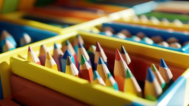 Multi-colored crayons neatly arranged in their respective trays, ready for use.