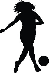 Silhouette of a woman playing soccer kicking a ball with her left foot on a white background