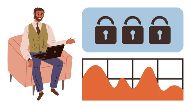 Man seated with laptop presenting orange graph and triple lock icons, emphasizing data security. Ideal for business strategy, cybersecurity, privacy, analytics, presentations, technology, network