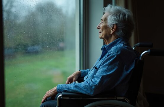 Elderly woman in wheelchair looks out rainy window. Old age, loneliness, or pensive mood concept. Senior lady sits indoors, gaze fixed outside, contemplating life.