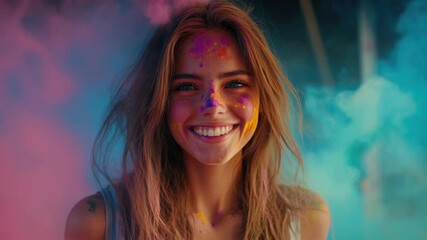 Joyful young woman smiling with colorful paint on her face from a celebration, likely Holi festival. - Powered by Adobe