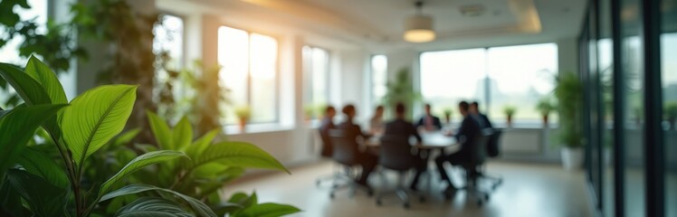 Business people meet around table in bright modern office. Green plants add life to meeting room setting. Natural light fills the space through large windows.