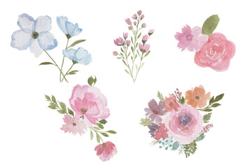 Set of roses and flowers watercolor illustration. hand drawn, flower clipart, for bouquets, wreaths, arrangements, wedding invitations, anniversary, birthday, postcards, greetings, card