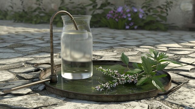 Clear liquid in glass bottle with curved tube, plants on tray, outdoor setting