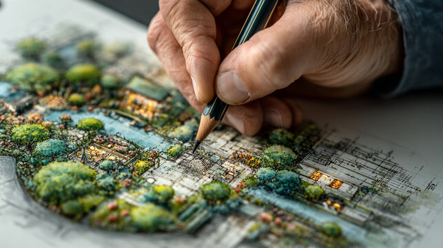 Close up of hand drawing landscape design with pencil on paper.