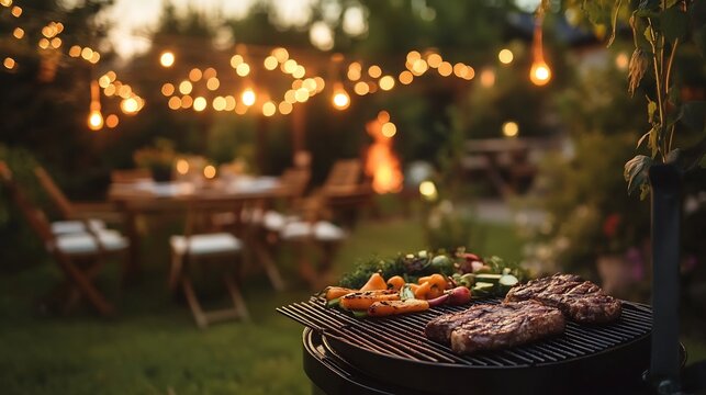 Sleek stainless steel portable BBQ pit set up on a patio surrounded by garden lights and outdoor chairs The image shows grilled steaks and vegetables ready to serve