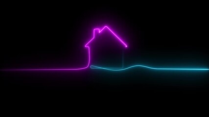 Glowing neon outline of traditional house neon glowing house icon animation on black background. process from warehouse to home delivery. Concept of transparent logistics journey for digital shoppers. - Powered by Adobe