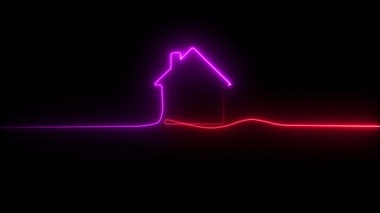 Neon home icon. House icon glowing neon light on black background. house icon animation digital world , process from warehouse to home delivery. logistics journey for digital shoppers. - Powered by Adobe
