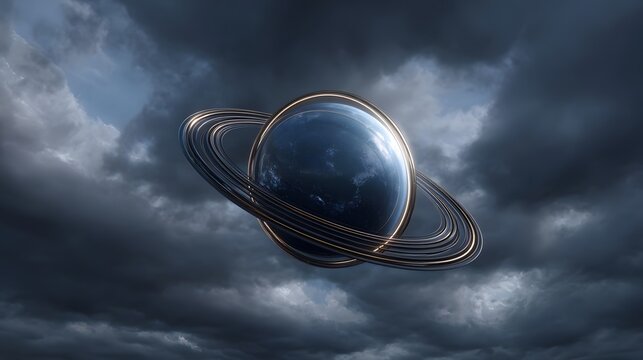 A futuristic ringed blue planet emerges from dark stormy clouds in the vastness of space