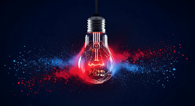 Exploding light bulb with red and blue smoke and particles