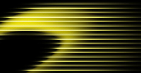 Dramatic yellow light filters through dark horizontal blinds creating a mysterious, modern, and abstract visual.
