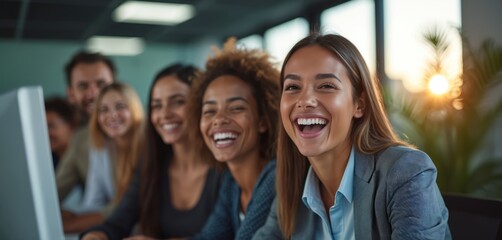 Diverse team celebrates success by computer, reviewing data at night. People laugh together, achieving sales goals and online targets, showing work accomplishment and teamwork spirit.