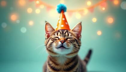 Happy cat wears party hat. Cute feline celebrates birthday. Funny animal portrait with closed eyes and tongue out. Festive illustration for greeting cards invitations or social media.