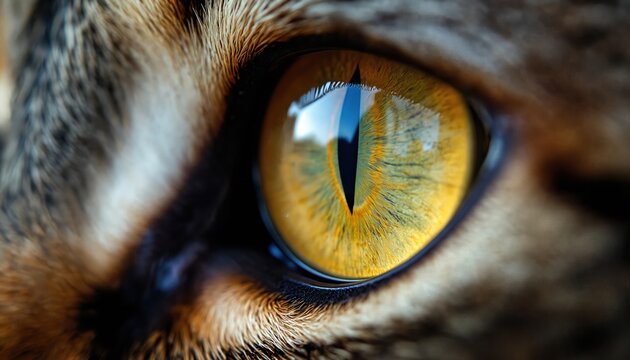 Extreme close up of domestic cat eye showing iris patterns and vertical pupil. Fur texture visible around the sharp feline gaze. Captures bright yellow and green eye details.