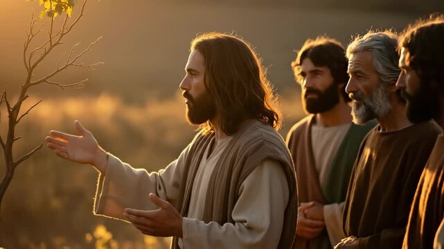 Jesus christ and his disciples in a field during sunset, discussing gospel and the parable of the fig tree.