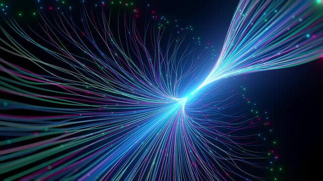 Abstract neural network learning, big data, artificial intelligence concept. Glowing digital lines, information flow, interconnected nodes. Modern technology, communication processing background.
