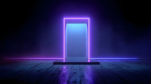 Glowing rectangular frame illuminates dark room with wooden floor