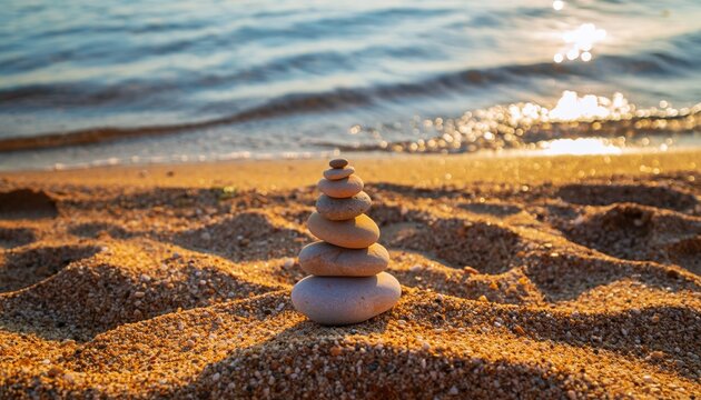 Stacked Stones on Sandy Beach at Sunset - Powered by Adobe