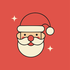 Santa Claus face in retro flat style, cute minimalist Christmas illustration with red background and festive stars, holiday vector design.