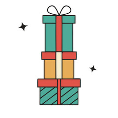 Stacked Christmas gift boxes in flat retro style, colorful presents with ribbons and stars on beige background, festive minimalist vector illustration, tranparent background
