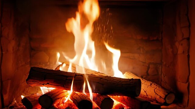 Cozy burning fireplace with glowing wooden logs and dancing flames creating warm relaxing atmosphere in rustic interior home environment