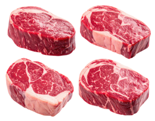 Close-up of four raw ribeye steaks with vibrant red meat and marbling against a black background