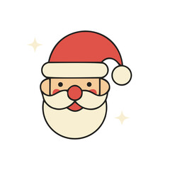 Santa Claus face in retro flat style, cute minimalist Christmas illustration with red background and festive stars, holiday vector design.