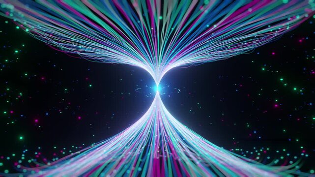 Vibrant abstract data flow, neural network, big data processing, artificial intelligence. Dynamic lines, glowing particles symbolize modern technology, machine learning, communication, innovation.