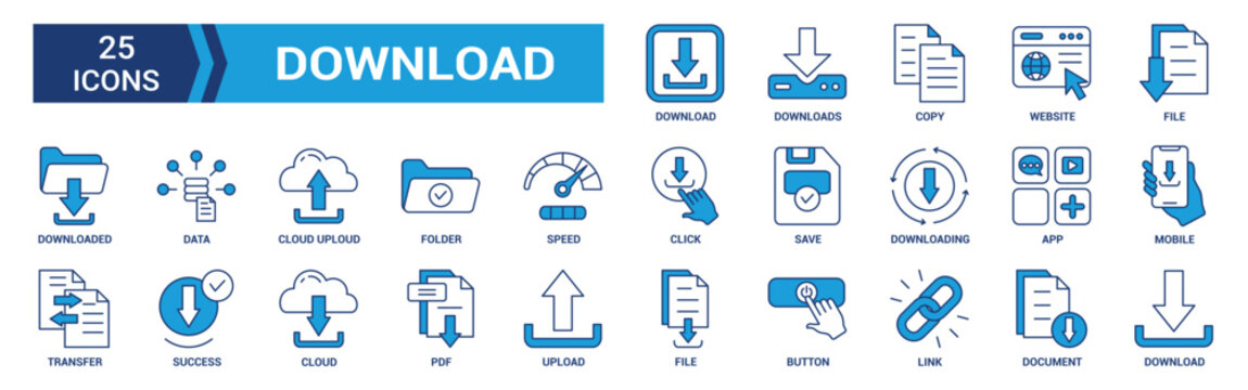 Download icon set. Containing upload, document, link, download file, folder, data and PDF icons. Blue icon collection. Vector illustration.