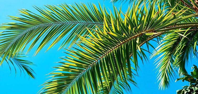 Lush green palm tree leaves against a vibrant blue sky,   illustration,  nature