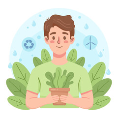 Sustainable Living: Happy Person with Nature and Eco-Friendly Elements