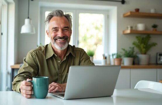 Smiling man with grey beard holds mug, works on laptop at kitchen table. He enjoys coffee while hybrid working or elearning from home. Casual scene of online browsing.