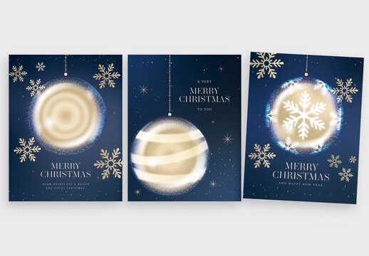 Christmas Flyer Poster Template in Blue & Gold with Christmas Decoration & Vector Snowflake Elements