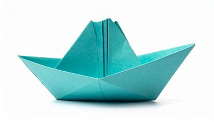 Turquoise origami paper boat on white background, showcasing clean folds and minimalist design.